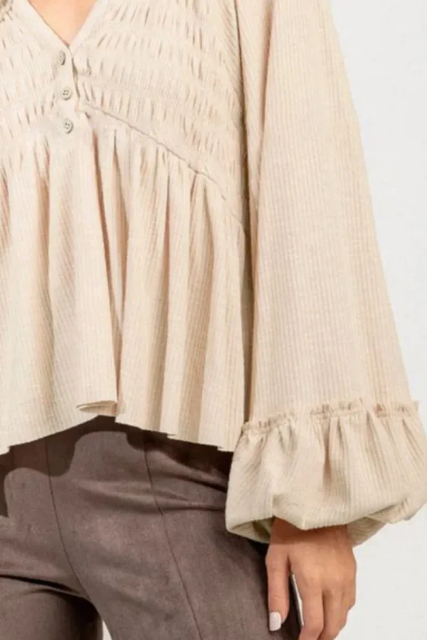 537464774 Notched Balloon Sleeve Peplum Blouse