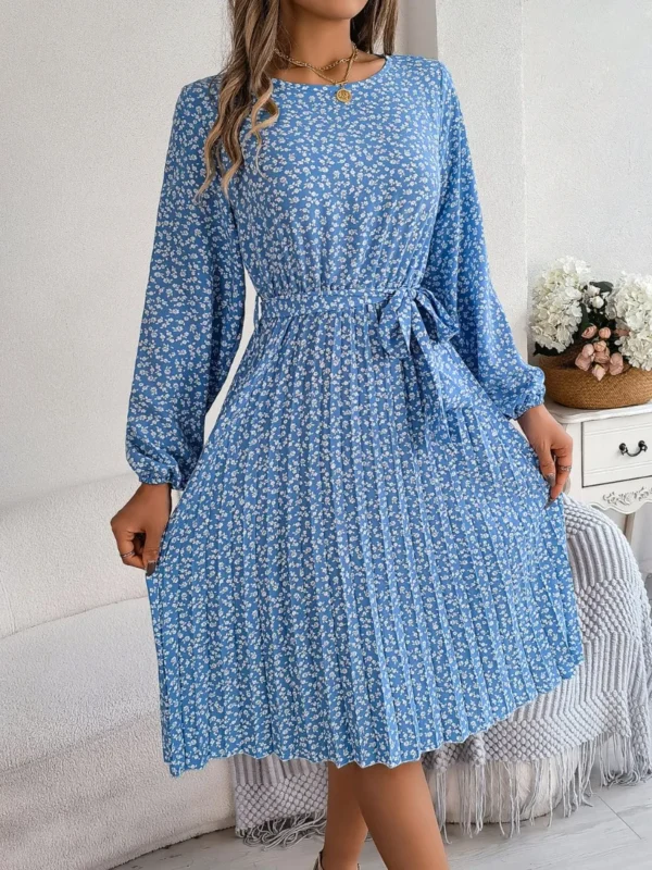 537464870 Ditsy Floral Tie Waist Pleated Dress