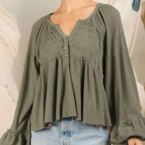 Notched Balloon Sleeve Peplum Blouse