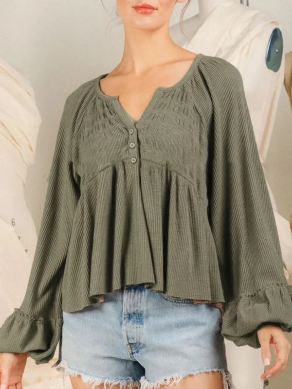 537464766 Notched Balloon Sleeve Peplum Blouse