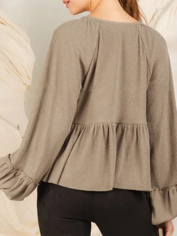 537464779 Notched Balloon Sleeve Peplum Blouse