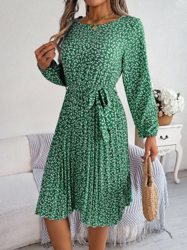 537464894 Ditsy Floral Tie Waist Pleated Dress