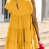 Ruched Round Neck Cap Sleeve Mini Dress