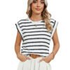 Striped Round Neck Cap Sleeve T-Shirt