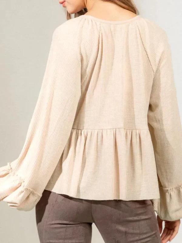 537464773 Notched Balloon Sleeve Peplum Blouse