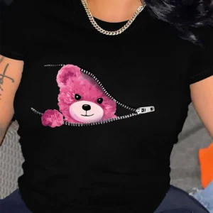 Teddy Bear Graphic Print T-shirt, Short Sleeve Crew Neck Casual Top For Summer & Spring, Women's Clothing