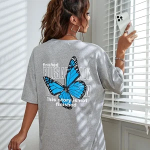 Art Word and Blue Butterfly Printed Women T-Shirt Casual Cotton Short Sleeve Breathable Summer T Shirt Street Clothing